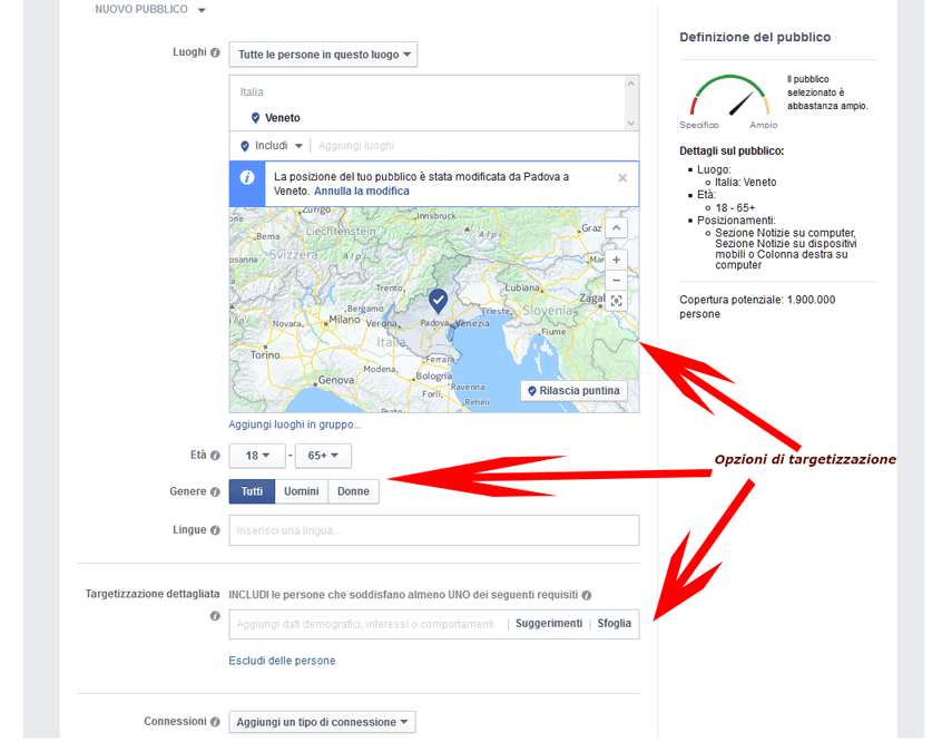 esempio della schermata di Facebook Ads per targetizzare il pubblico e segmentare una campagna di Web Marketing